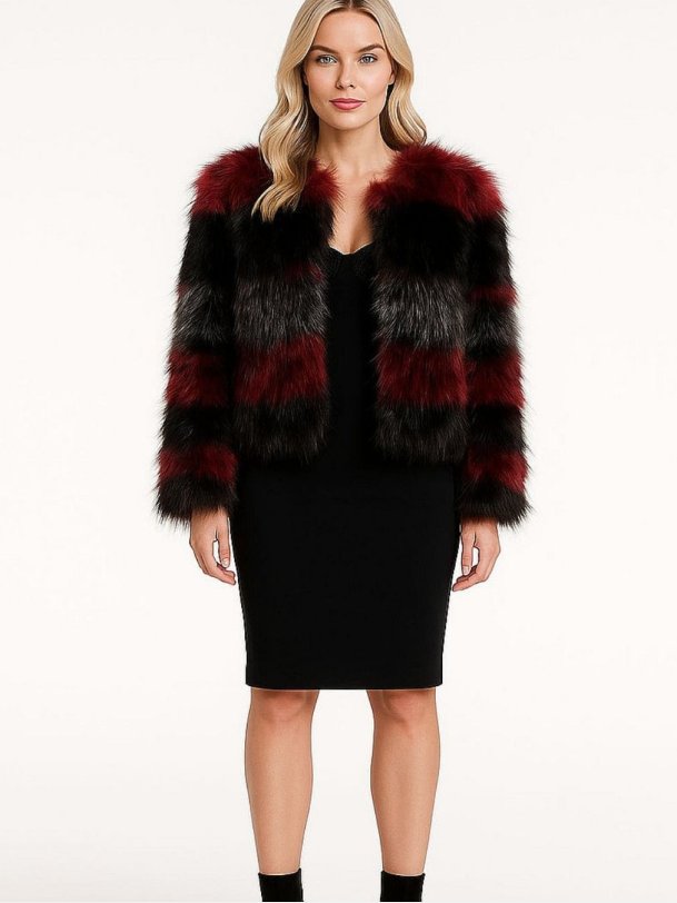 Noris eksklusiv kort imiteret pelsjakke i bordeaux og sort