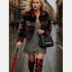 Noris eksklusiv kort imiteret pelsjakke i bordeaux og sort