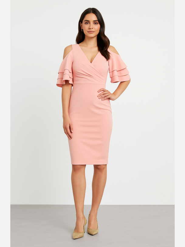 ORKISA Midi kjole med fl�se�rmer i pink � Elegant pasform fra Jollyyoung.dk