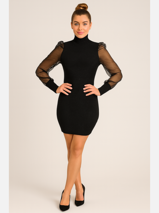 RENATTA Sort glitrende kjole med chiffon �rmer