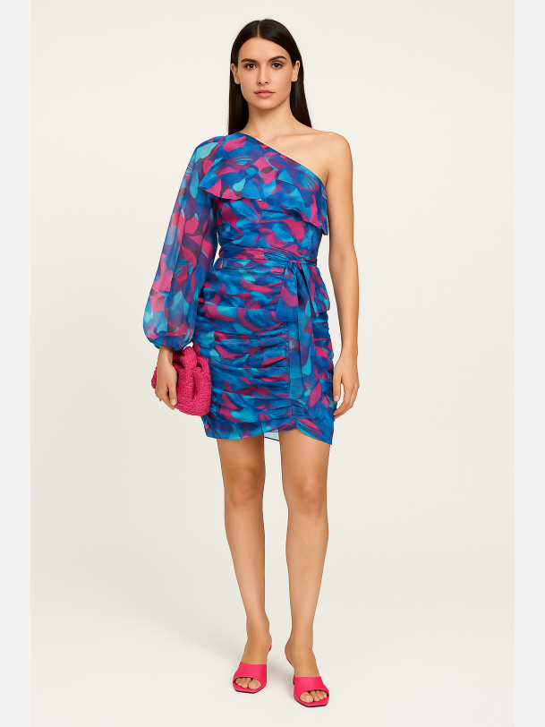 RICHIS Blomsterkjole med fl�se og �n skulder