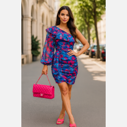 RICHIS Blomsterkjole med fl�se og �n skulder