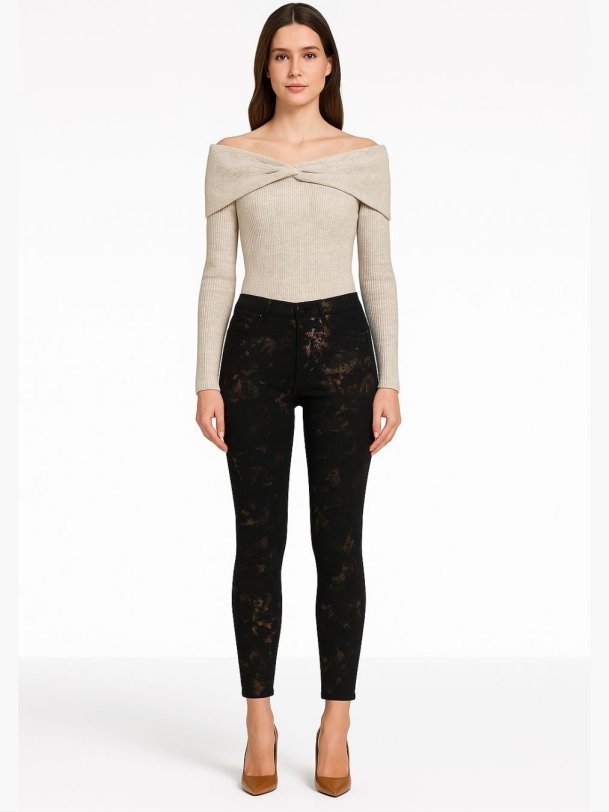 SALI sorte stretchy denim bukser i snake print � elegant pasform med luksuri�st m�nster