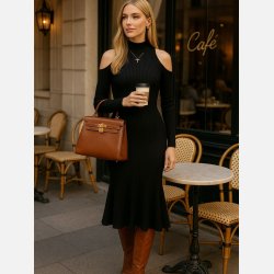 SANTANA elegant sort kjole med off-shoulder detaljer