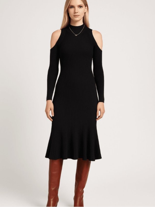 SANTANA elegant sort kjole med off-shoulder detaljer