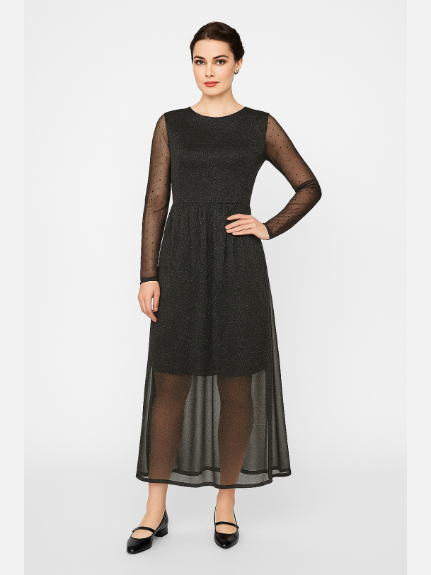 SEFFIE Lang sort glimmerkjole med gennemsigtige �rmer