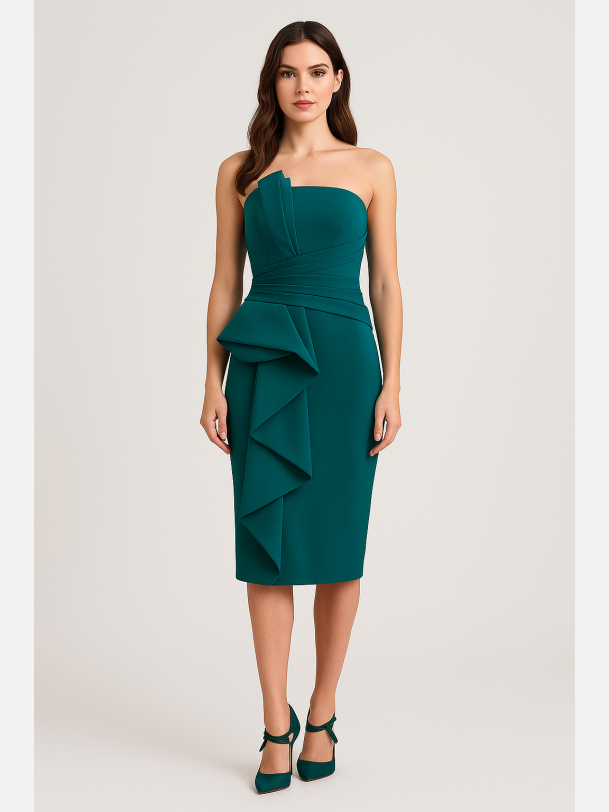 SINERA Gr�n stropl�s kjole med fl�sedetalje