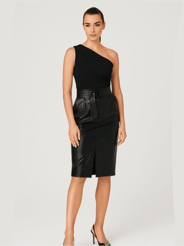 SOFES elegant sort pu nederdel med taljeb�lte og slids