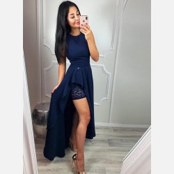 SONIA Lang kjole i m�rkebl� � elegant asymmetrisk festkjole med h�j slids