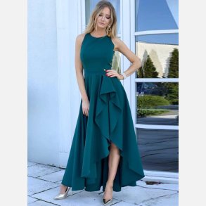 SONIA Lang kjole i smaragdgr�n � elegant asymmetrisk festkjole med �ben ryg