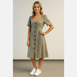 SOSAN Gr� kjole med knapper � Naturlig lethed og feminin stil fra Jollyyoung.dk