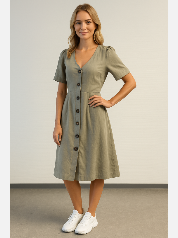 SOSAN Gr� kjole med knapper � Naturlig lethed og feminin stil fra Jollyyoung.dk