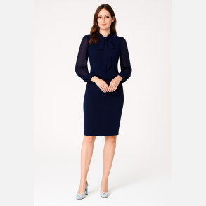 STELLA Navybl� kjole med chiffon�rmer og sl�jfedetalje � Elegant fra Jollyyoung.dk