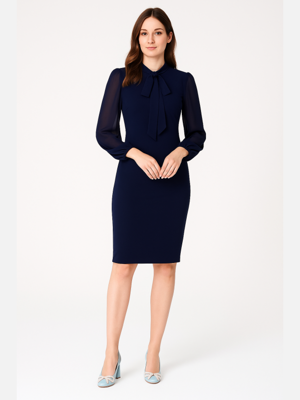 STELLA Navybl� kjole med chiffon�rmer og sl�jfedetalje � Elegant fra Jollyyoung.dk