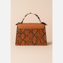 SANDRA Brun h�ndtaske i imiteret slangeskind med t�rkl�dehank