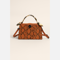 SANDRA Brun h�ndtaske i imiteret slangeskind med t�rkl�dehank