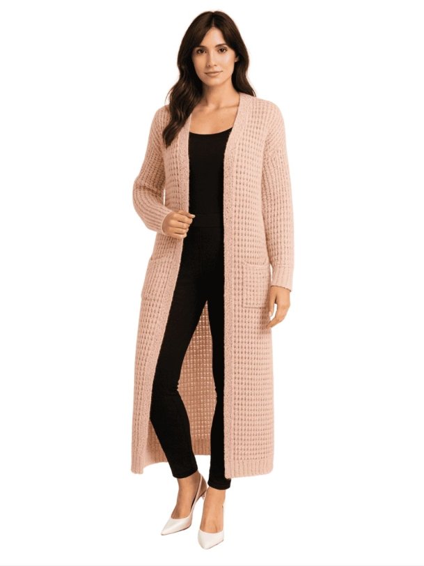 TINA lang rosa cardigan med lommer � bl�d chunky strik i feminint look
