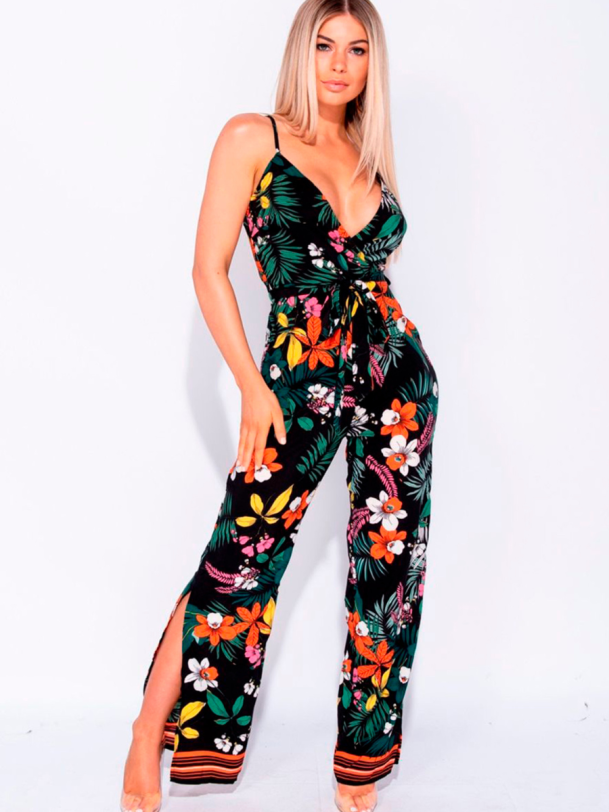 VIRA blomsterprint buksedragt med vide ben � sommerlig stil fra Jollyyoung.dk