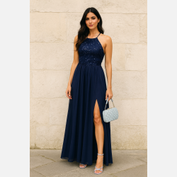 VIVIAN Lang kjole i navy med sten og broderier � eksklusiv aftenkjole fra Jollyyoung.dk