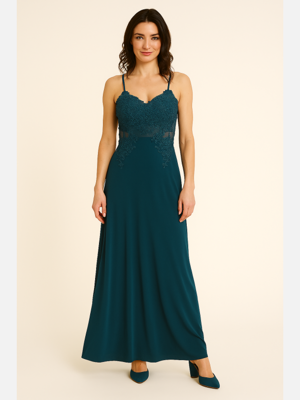 ZAHRA Lang turkis kjole med blonder og mesh-detaljer