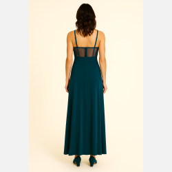 ZAHRA Lang turkis kjole med blonder og mesh-detaljer