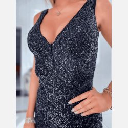 CAMELEON Kort pailletkjole i sort farve