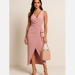 IWET Rosa sl�-om kjole med fl�sedetaljer � elegant festkjole i maxi l�ngde