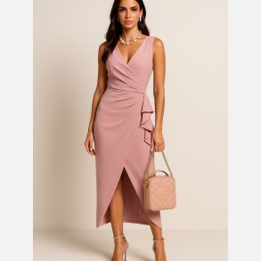 IWET Rosa sl�-om kjole med fl�sedetaljer � elegant festkjole i maxi l�ngde