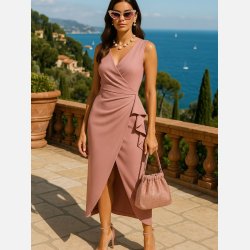 IWET Rosa sl�-om kjole med fl�sedetaljer � elegant festkjole i maxi l�ngde