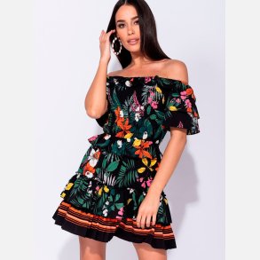 VANESA Kort off-shoulder kjole med blomsterprint og fl�ser