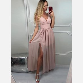 ALISSA Lang rosa kjole med V-udsk�ring og slids � elegant maxi kjole til fest