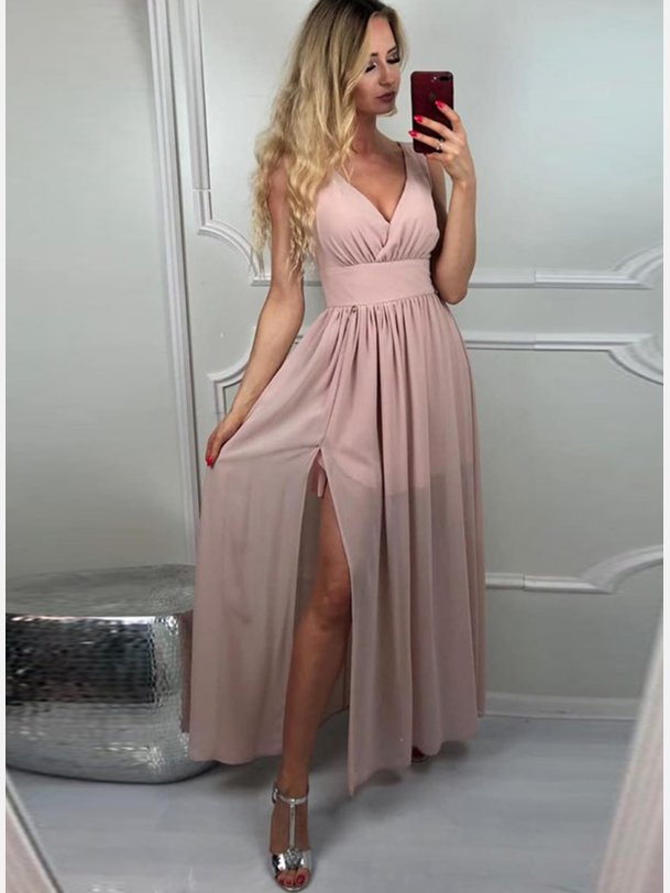 ALISSA Lang rosa kjole med V-udsk�ring og slids � elegant maxi kjole til fest